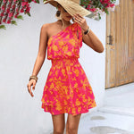 Mini Jurk met Bloemenprint en Schuine Schouder - Dresses - Jurkjes.co