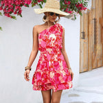 Mini Jurk met Bloemenprint en Schuine Schouder - Dresses - Jurkjes.co