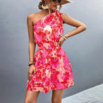 Mini Jurk met Bloemenprint en Schuine Schouder - Dresses - Jurkjes.co