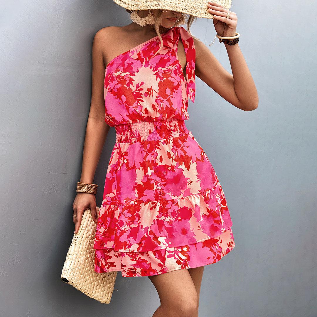 Mini Jurk met Bloemenprint en Schuine Schouder - Dresses - Jurkjes.co