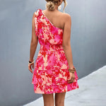 Mini Jurk met Bloemenprint en Schuine Schouder - Dresses - Jurkjes.co