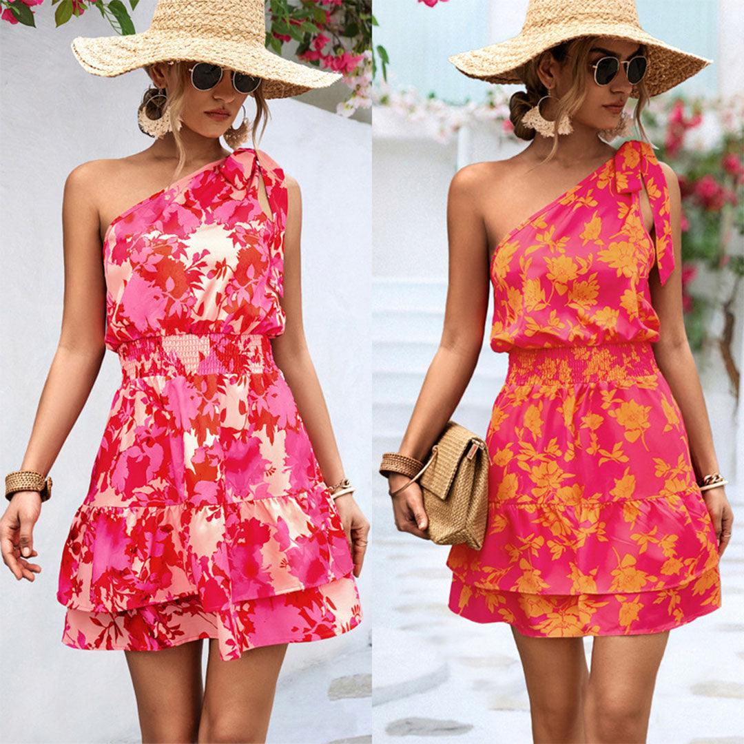 Mini Jurk met Bloemenprint en Schuine Schouder - Dresses - Jurkjes.co