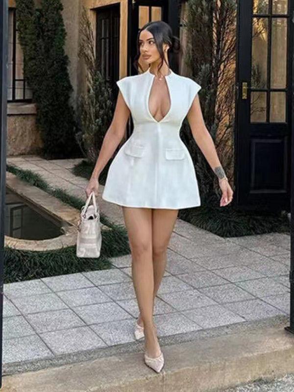 Mini Jurk met Diepe V-hals en Kapmouwtjes - Midi Dresses - Jurkjes.co