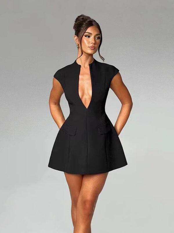 Mini Jurk met Diepe V-hals en Kapmouwtjes - Midi Dresses - Jurkjes.co