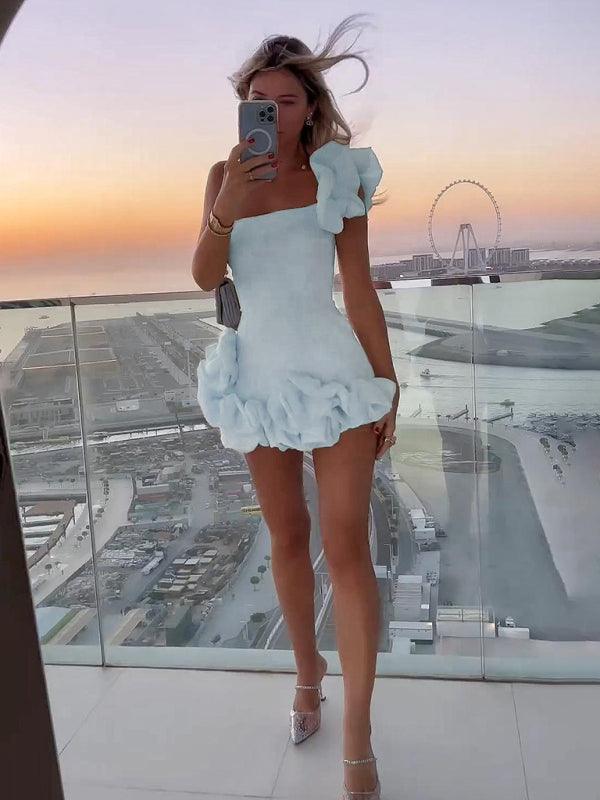 Mini Jurk met Eén Schouder en Rimpelrand - Mini Dresses - Jurkjes.co