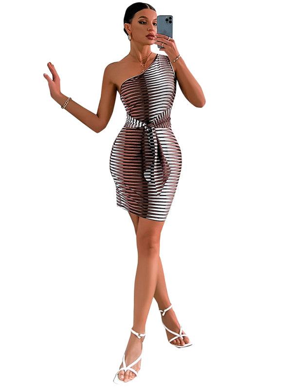 Mini Jurk met Eén-Schouder en Streeppatroon - Mini Dresses - Jurkjes.co