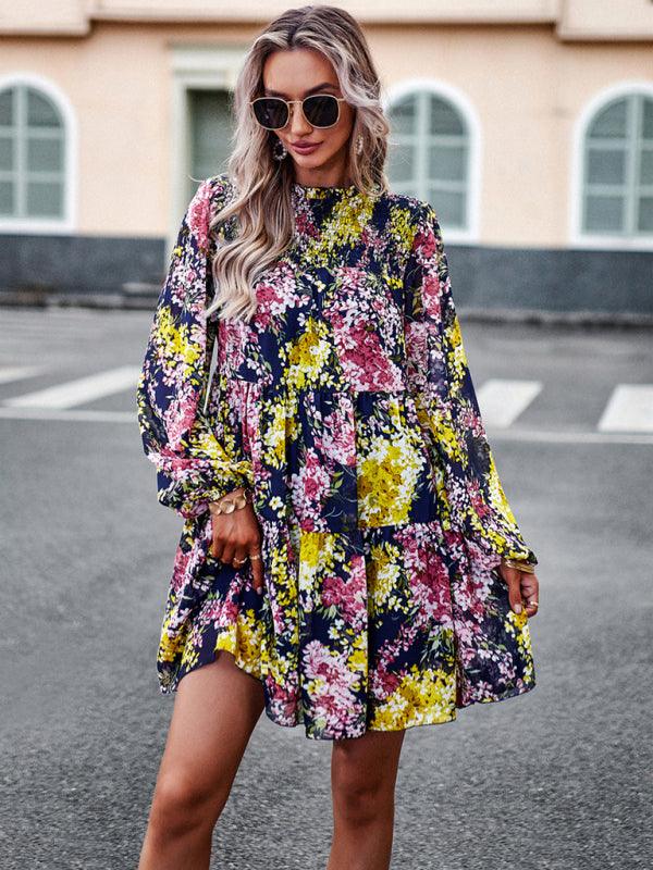 Mini Jurk met Hoge Hals en Bloemenprint - Mini Dresses - Jurkjes.co