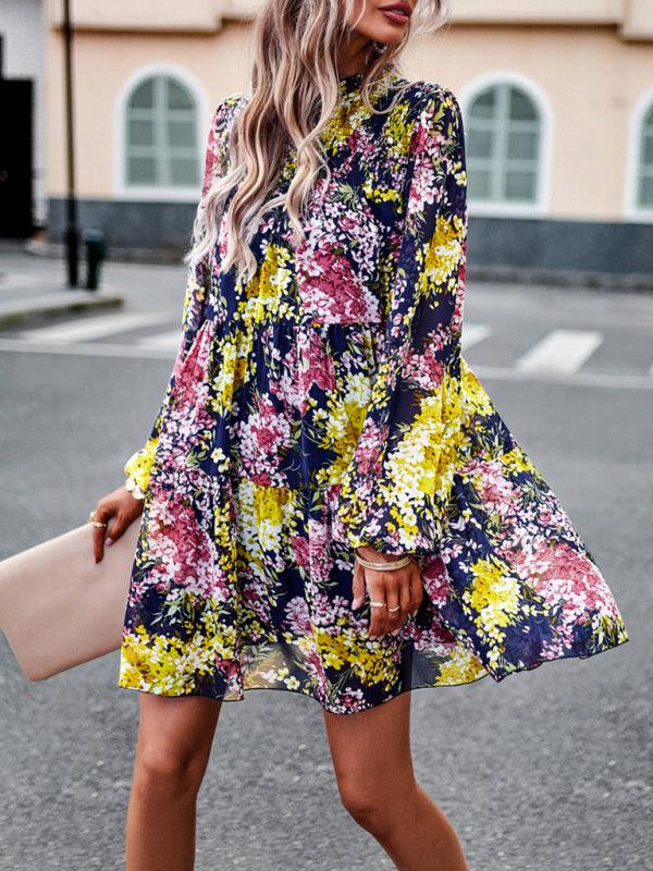 Mini Jurk met Hoge Hals en Bloemenprint - Mini Dresses - Jurkjes.co