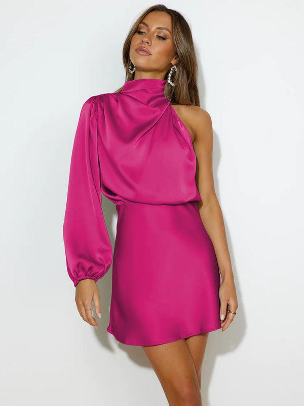 Mini Jurk met Hoge Hals en One-Shoulder - Mini Dresses - Jurkjes.co