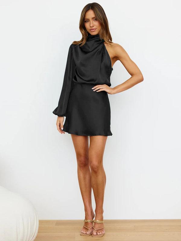 Mini Jurk met Hoge Hals en One-Shoulder - Mini Dresses - Jurkjes.co