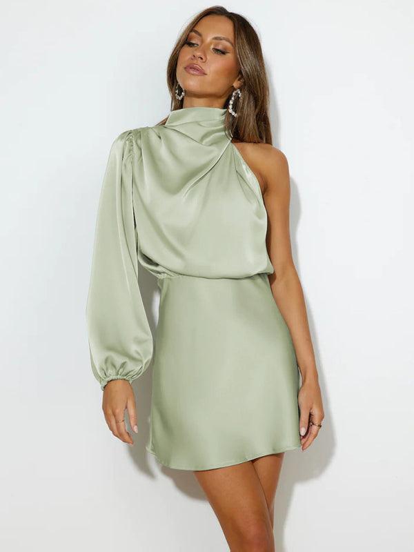 Mini Jurk met Hoge Hals en One-Shoulder - Mini Dresses - Jurkjes.co
