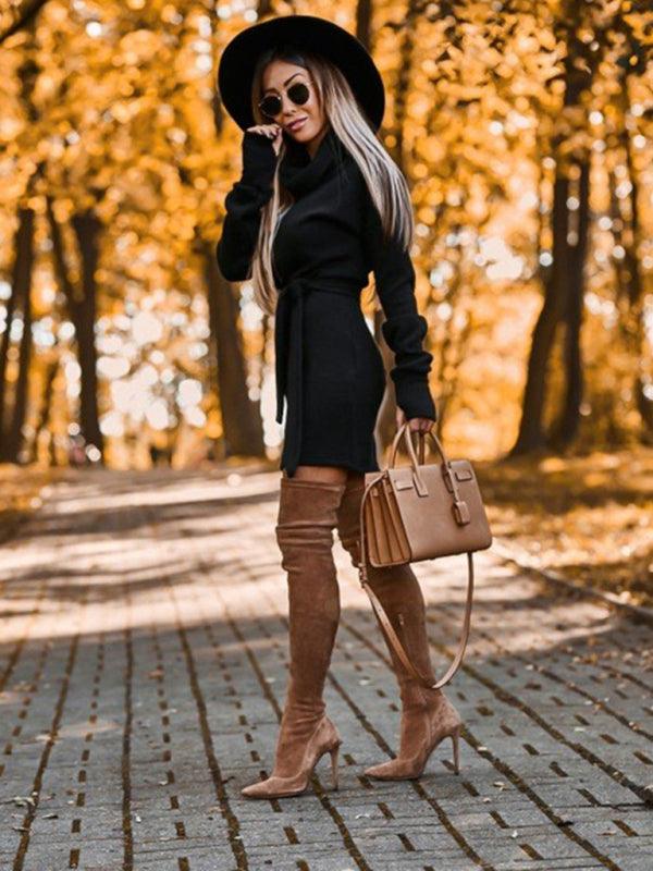 Mini Jurk met Hoge Kraag en Ceintuur - Midi Dresses - Jurkjes.co