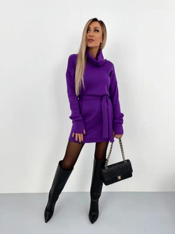 Mini Jurk met Hoge Kraag en Ceintuur - Midi Dresses - Jurkjes.co