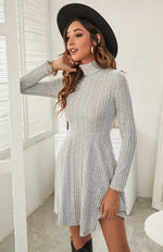 Mini Jurk met Hoog Gesloten Hals en Ribbelstructuur - Mini Dresses - Jurkjes.co