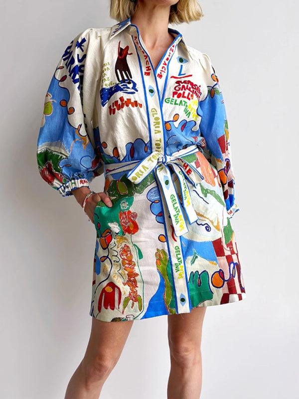 Mini Jurk met Knoopsluiting en Kleurrijke Print - Maxi Dresses - Jurkjes.co