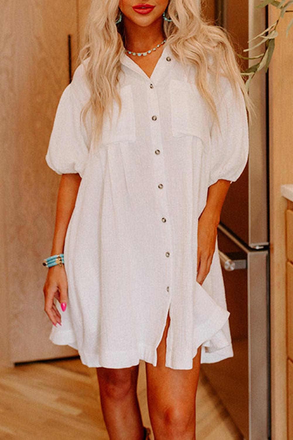 Mini Jurk met Knopen en Puff Mouw - Mini Dresses - Jurkjes.co