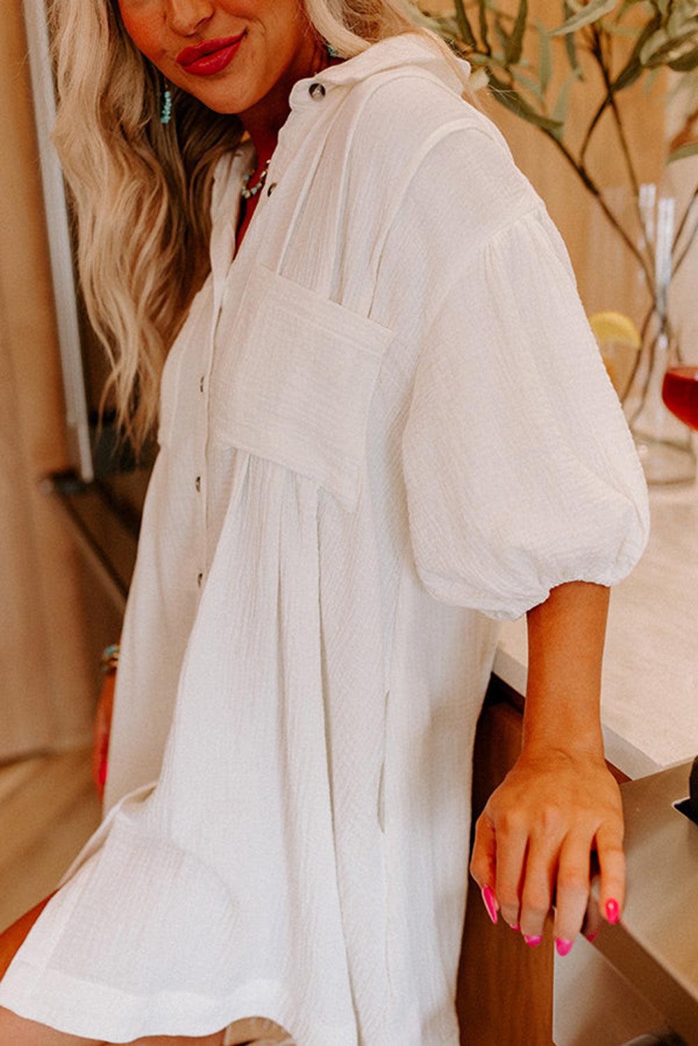 Mini Jurk met Knopen en Puff Mouw - Mini Dresses - Jurkjes.co