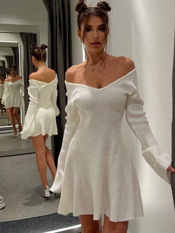 Mini Jurk met Off-Shoulder en Gebreid Design - Mini Dresses - Jurkjes.co