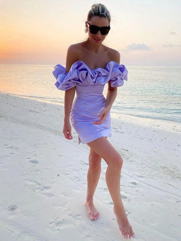 Mini Jurk met Off-Shoulder en Roesjes - Mini Dresses - Jurkjes.co