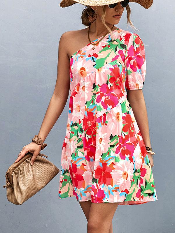 Mini Jurk met One-Shoulder en Bloemenprint - Mini Dresses - Jurkjes.co