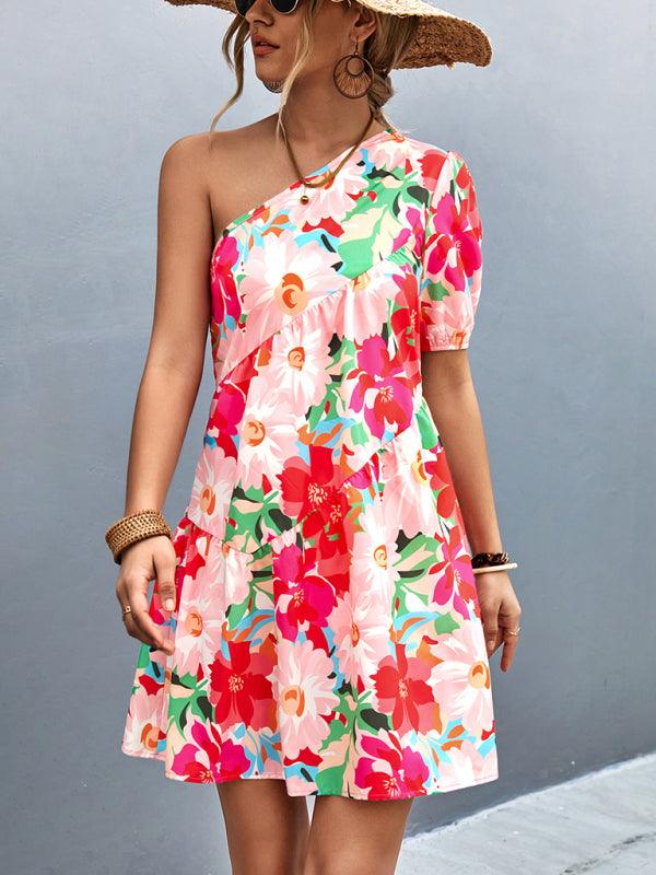 Mini Jurk met One-Shoulder en Bloemenprint - Mini Dresses - Jurkjes.co