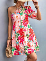 Mini Jurk met One-Shoulder en Bloemenprint - Mini Dresses - Jurkjes.co