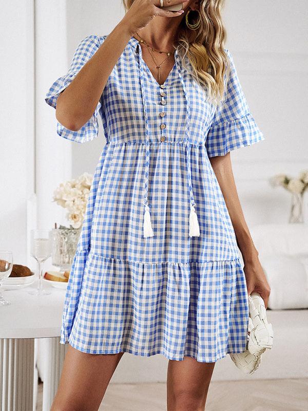 Mini Jurk met Ruitpatroon en Rimpelmouwen - Group5 - Jurkjes.co