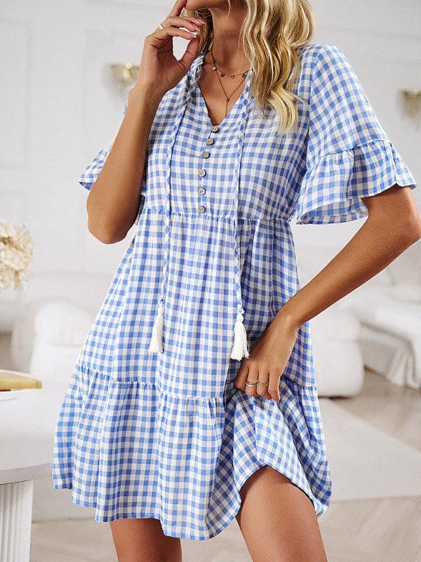 Mini Jurk met Ruitpatroon en Rimpelmouwen - Group5 - Jurkjes.co