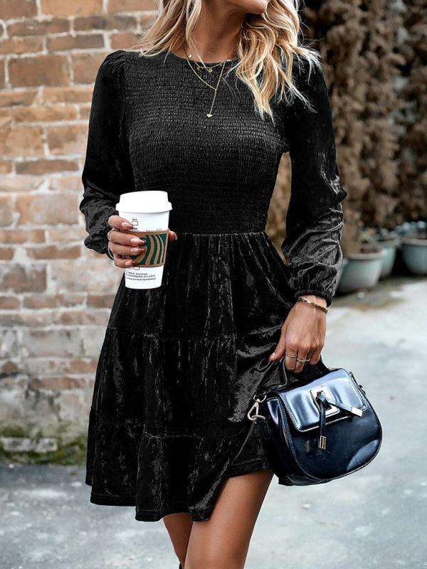 Mini Jurk met Smocktop en Lange Mouwen - Midi Dresses - Jurkjes.co