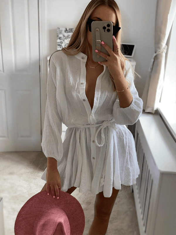 Mini Jurk met Strikceintuur en Lange Mouwen - Mini Dresses - Jurkjes.co