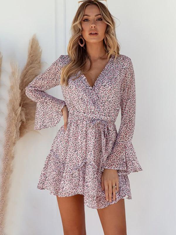 Mini Jurk met V-hals en Bloemenprint - Mini Dresses - Jurkjes.co