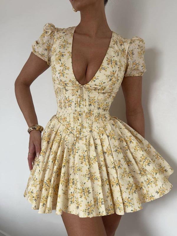 Mini Jurk met V-hals en Bloemenprint - Mini Dresses - Jurkjes.co