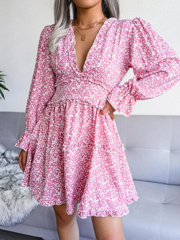 Mini Jurk met V-hals en Bloemenprint - Mini Dresses - Jurkjes.co