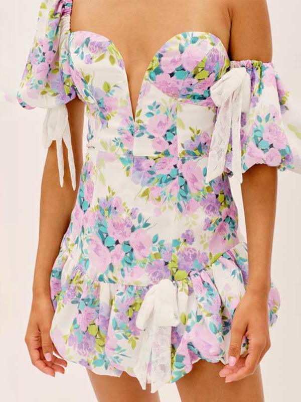 Mini Jurk met V-hals en Bloemenprint - Mini Dresses - Jurkjes.co