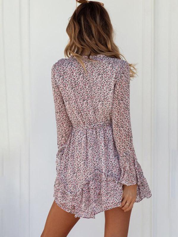 Mini Jurk met V-hals en Bloemenprint - Mini Dresses - Jurkjes.co