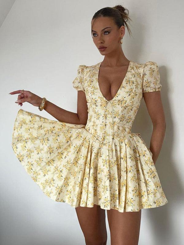 Mini Jurk met V-hals en Bloemenprint - Mini Dresses - Jurkjes.co