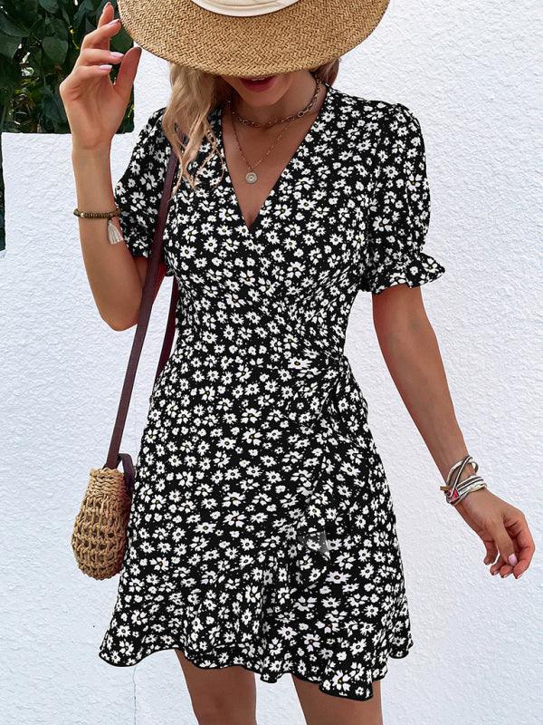 Mini Jurk met V-hals en Bloemenprint - Mini Dresses - Jurkjes.co