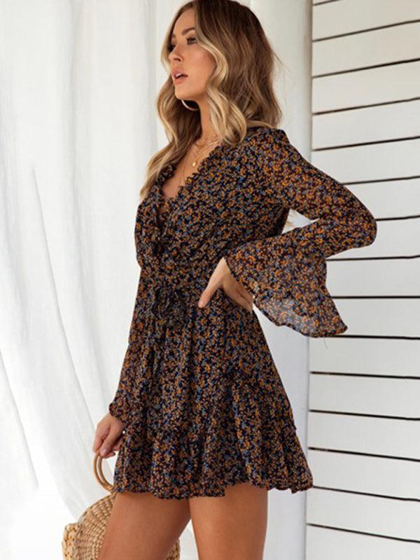 Mini Jurk met V-hals en Bloemenprint - Mini Dresses - Jurkjes.co