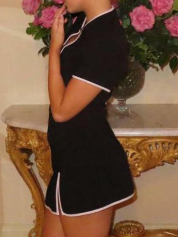 Mini Jurk met V-hals en Contrast Trim - Mini Dresses - Jurkjes.co