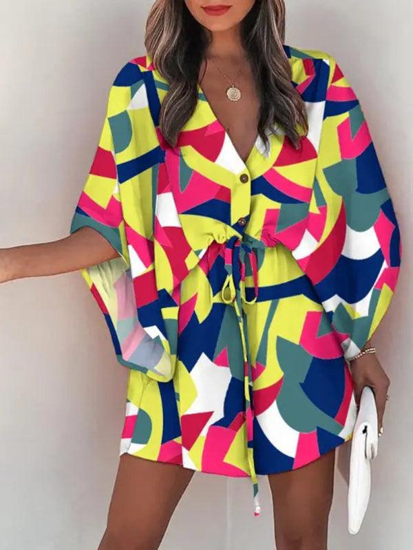 Mini Jurk met V-hals en Geometrisch Design - Mini Dresses - Jurkjes.co