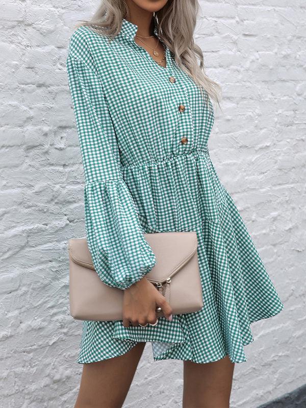 Mini Jurk met V-hals en Ginghamruit - Mini Dresses - Jurkjes.co