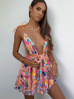 Mini Jurk met V-hals en Glitter Bloemenprint - Mini Dresses - Jurkjes.co