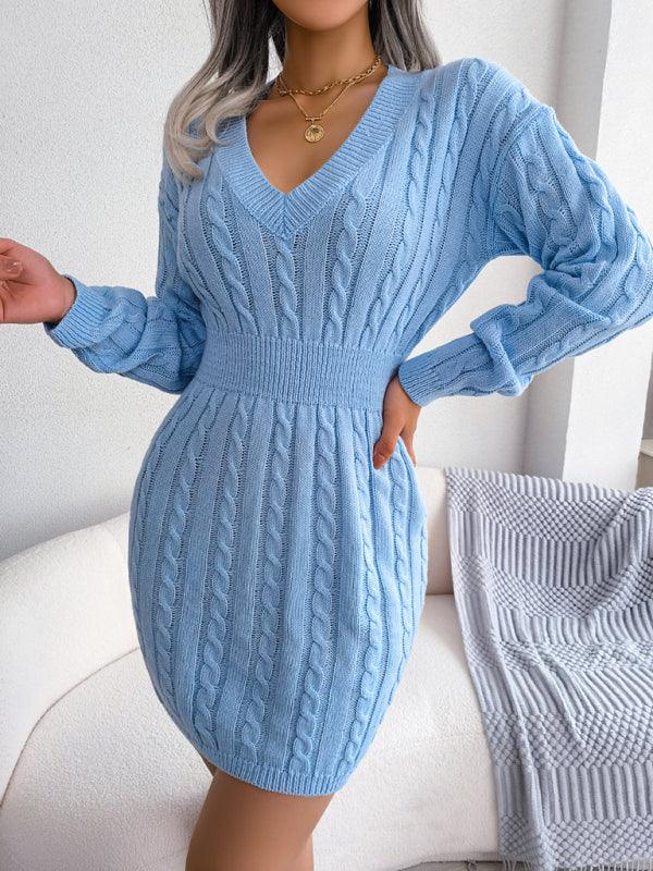 Mini Jurk met V-hals en Kabelpatroon - Mini Dresses - Jurkjes.co