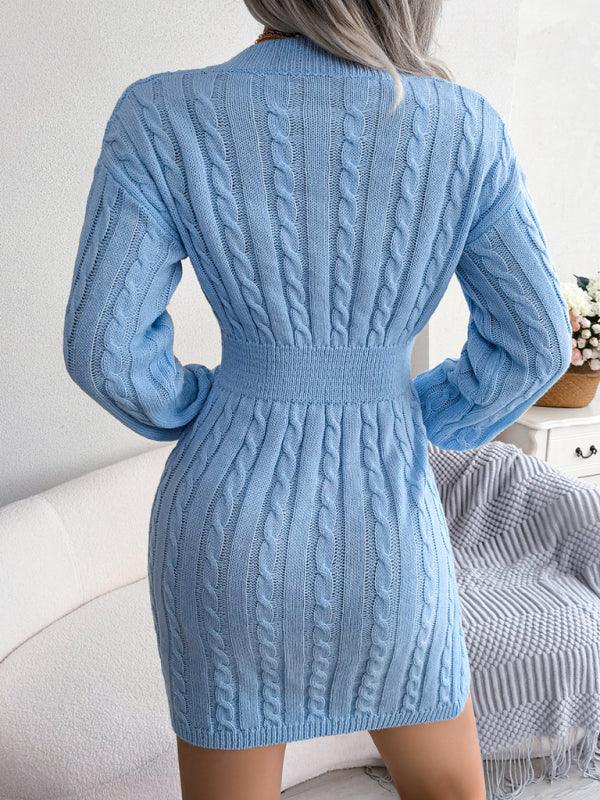 Mini Jurk met V-hals en Kabelpatroon - Mini Dresses - Jurkjes.co