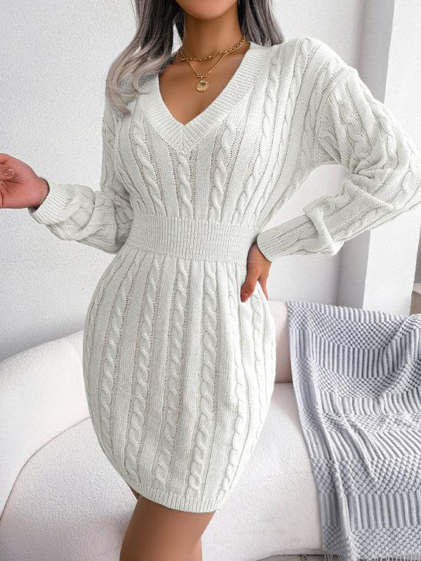 Mini Jurk met V-hals en Kabelpatroon - Mini Dresses - Jurkjes.co