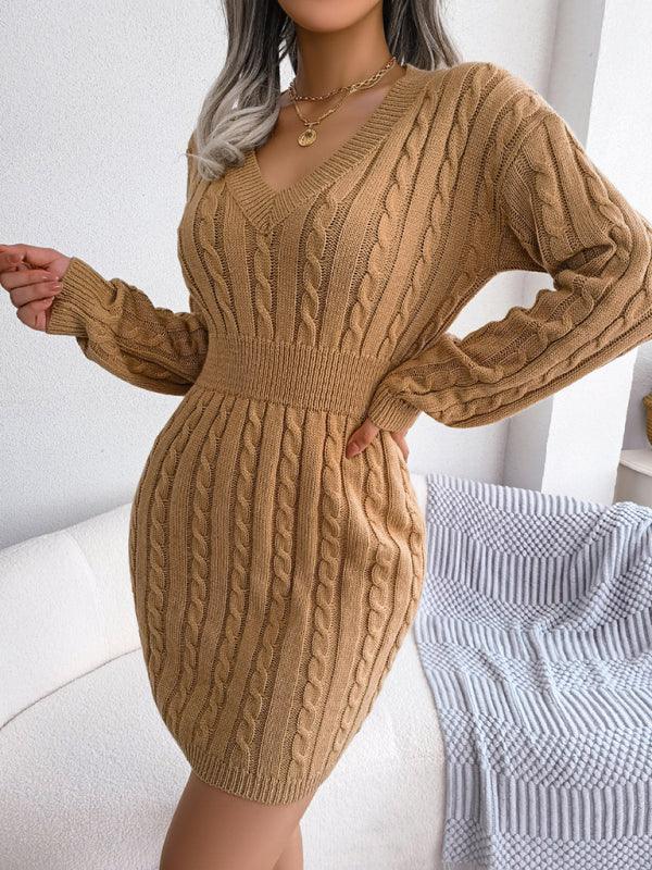Mini Jurk met V-hals en Kabelpatroon - Mini Dresses - Jurkjes.co