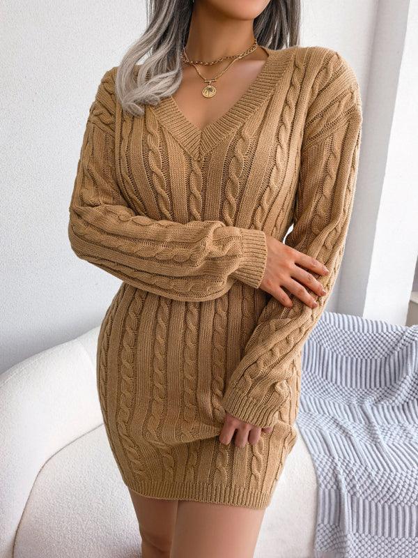 Mini Jurk met V-hals en Kabelpatroon - Mini Dresses - Jurkjes.co