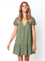 Mini Jurk met V-hals en Knoopdetails - Mini Dresses - Jurkjes.co