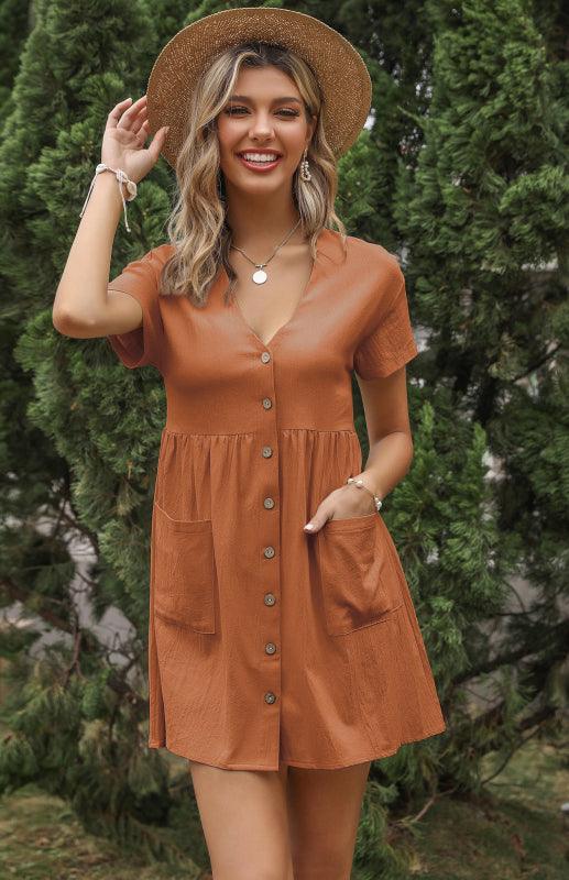 Mini Jurk met V-hals en Knoopsluiting - Mini Dresses - Jurkjes.co