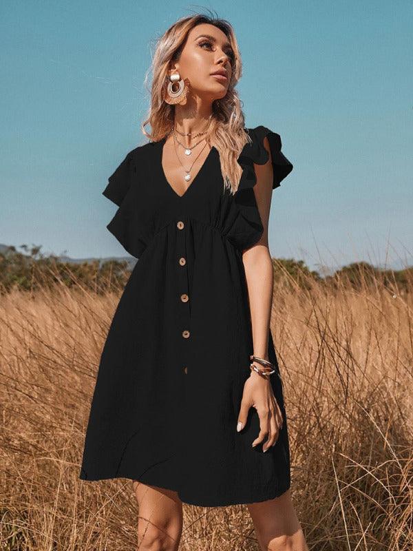 Mini Jurk met V-hals en Knopenlijst - Mini Dresses - Jurkjes.co